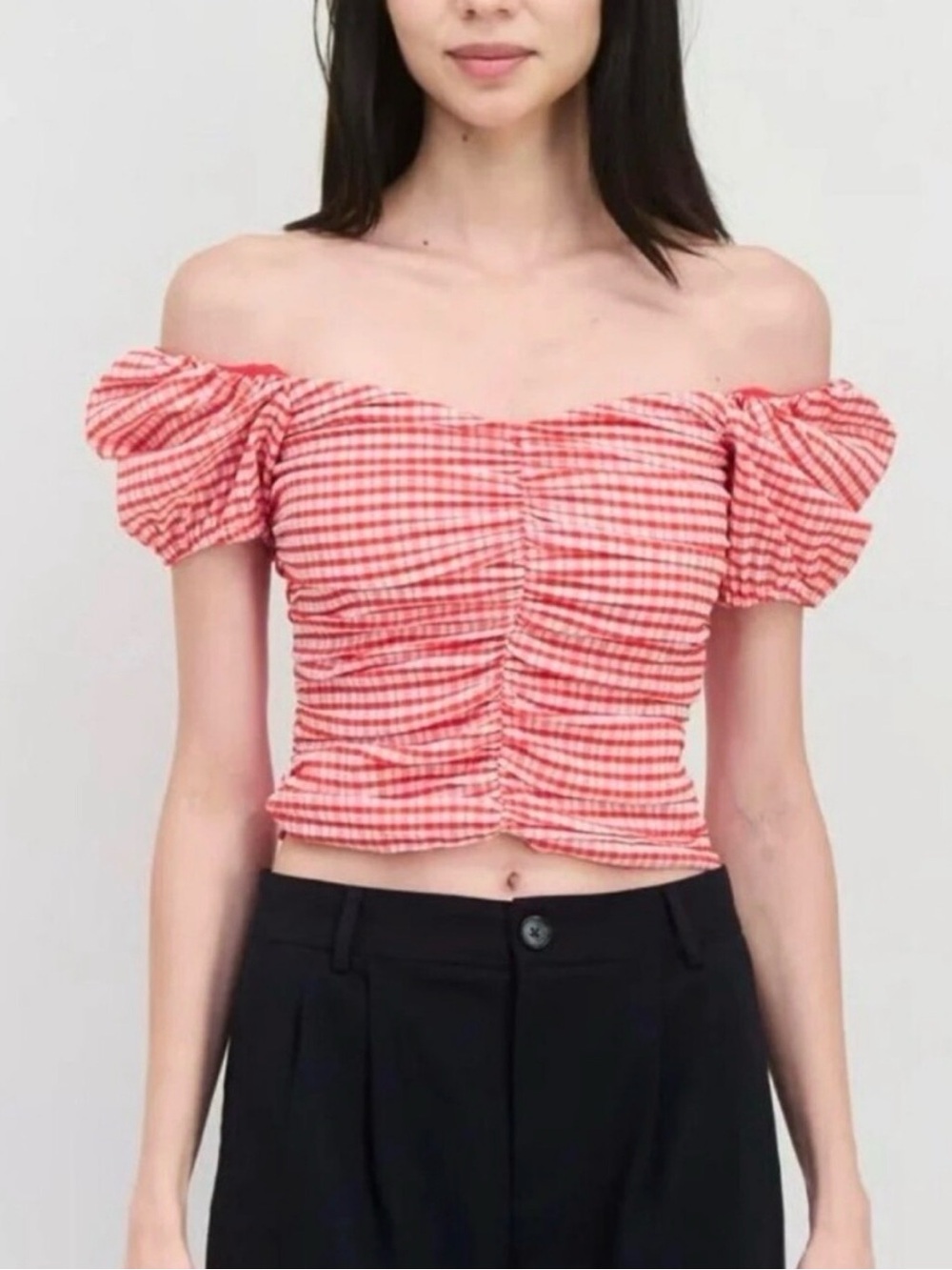 Mango Gigi Vichy Red Gingham Puff Sleeve Ruched Top XS